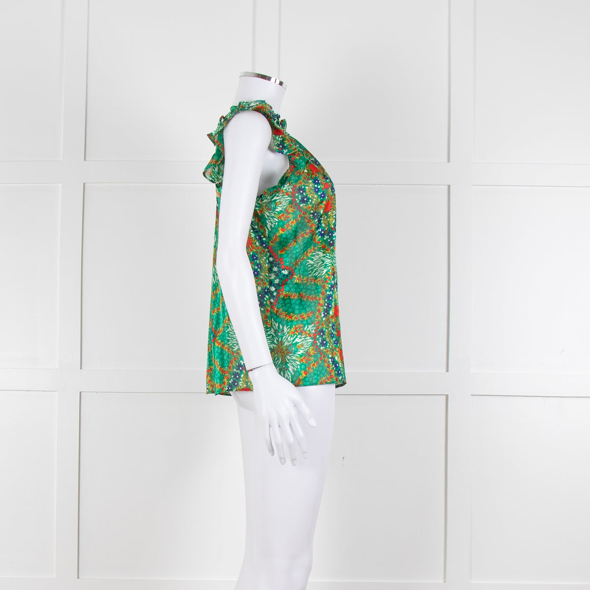 Ba&sh Green Red Blue Floral Lurex Sleeveless Frilled Top