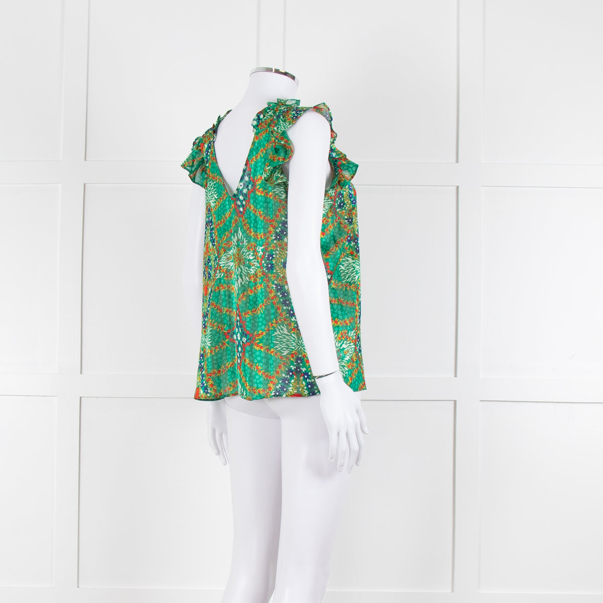 Ba&sh Green Red Blue Floral Lurex Sleeveless Frilled Top