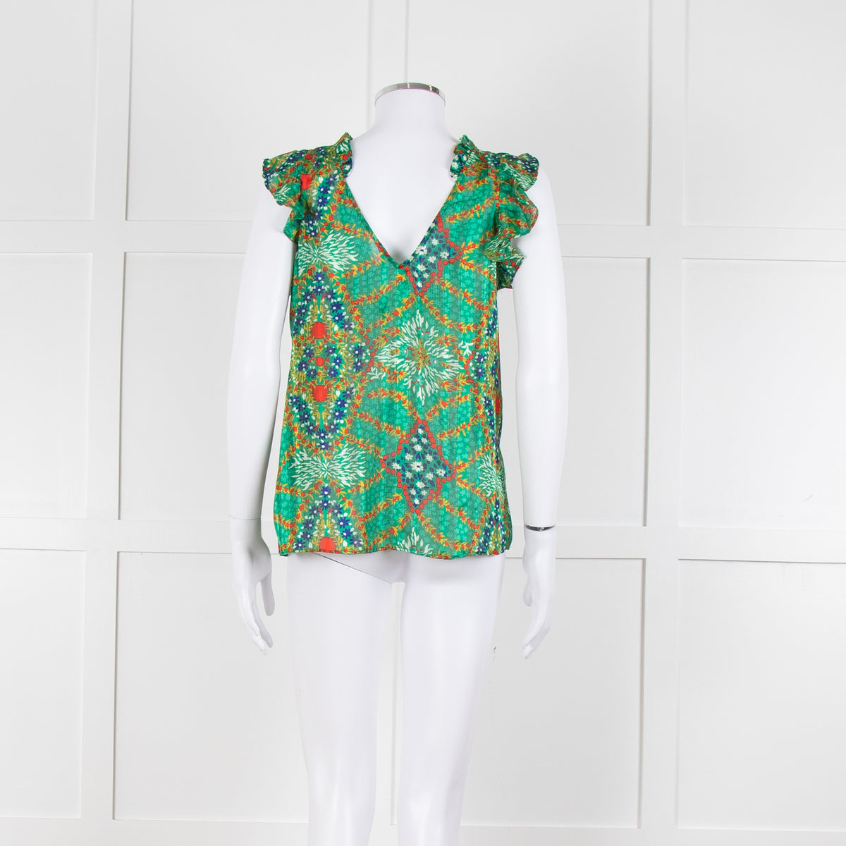Ba&sh Green Red Blue Floral Lurex Sleeveless Frilled Top