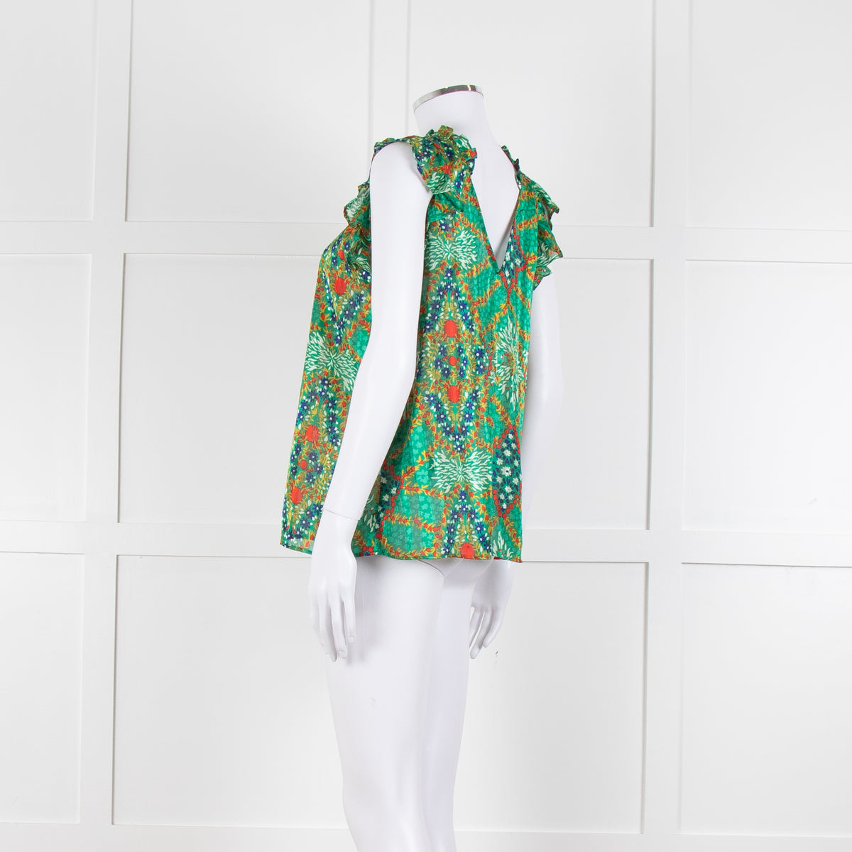Ba&sh Green Red Blue Floral Lurex Sleeveless Frilled Top