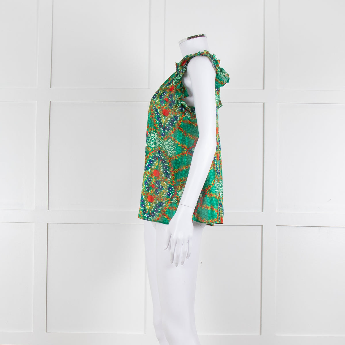 Ba&sh Green Red Blue Floral Lurex Sleeveless Frilled Top