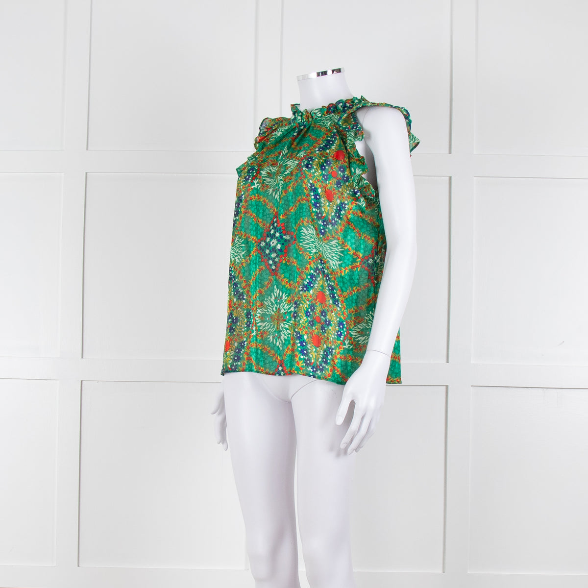 Ba&sh Green Red Blue Floral Lurex Sleeveless Frilled Top