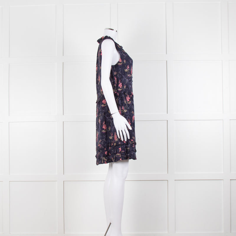 Rebecca Taylor Navy Pink Floral Frill Trim Sleeveless Mini Dress