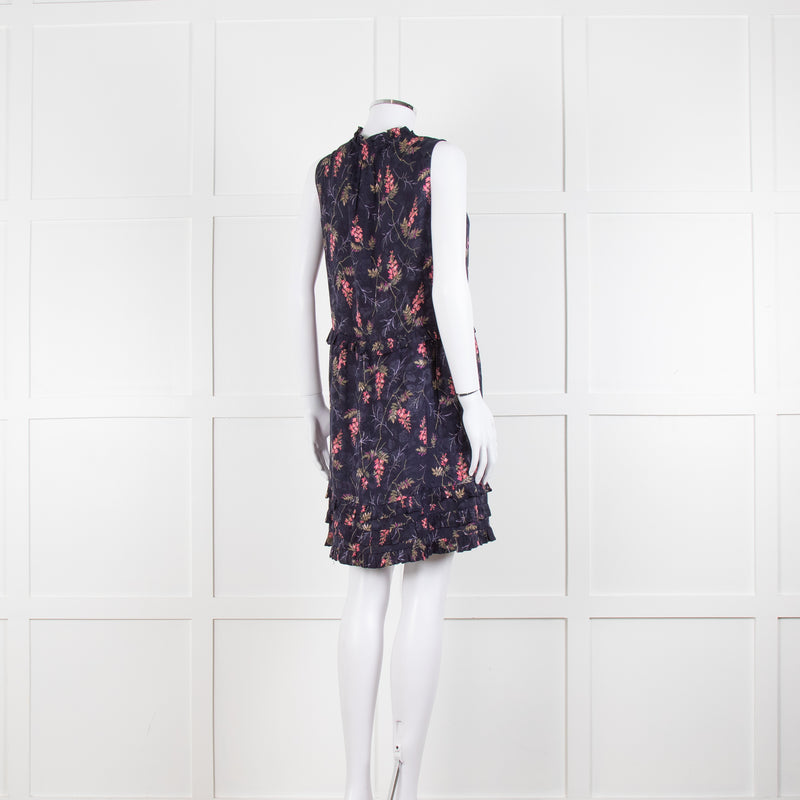 Rebecca Taylor Navy Pink Floral Frill Trim Sleeveless Mini Dress