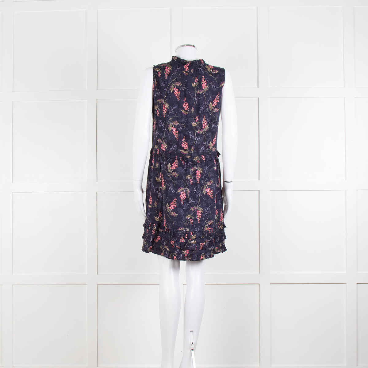 Rebecca Taylor Navy Pink Floral Frill Trim Sleeveless Mini Dress