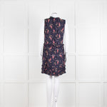 Rebecca Taylor Navy Pink Floral Frill Trim Sleeveless Mini Dress