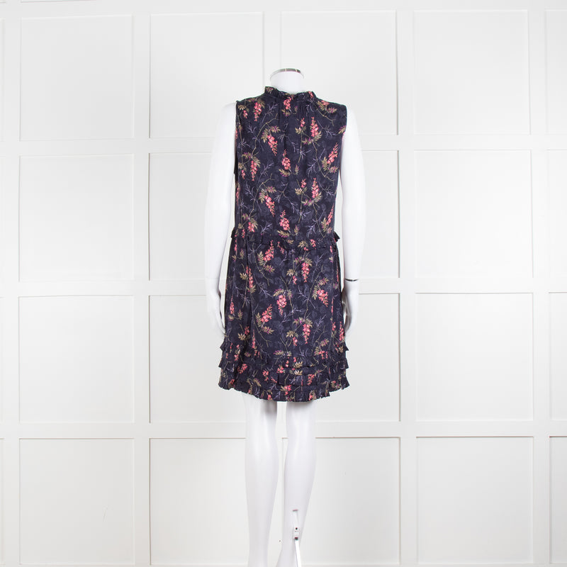 Rebecca Taylor Navy Pink Floral Frill Trim Sleeveless Mini Dress