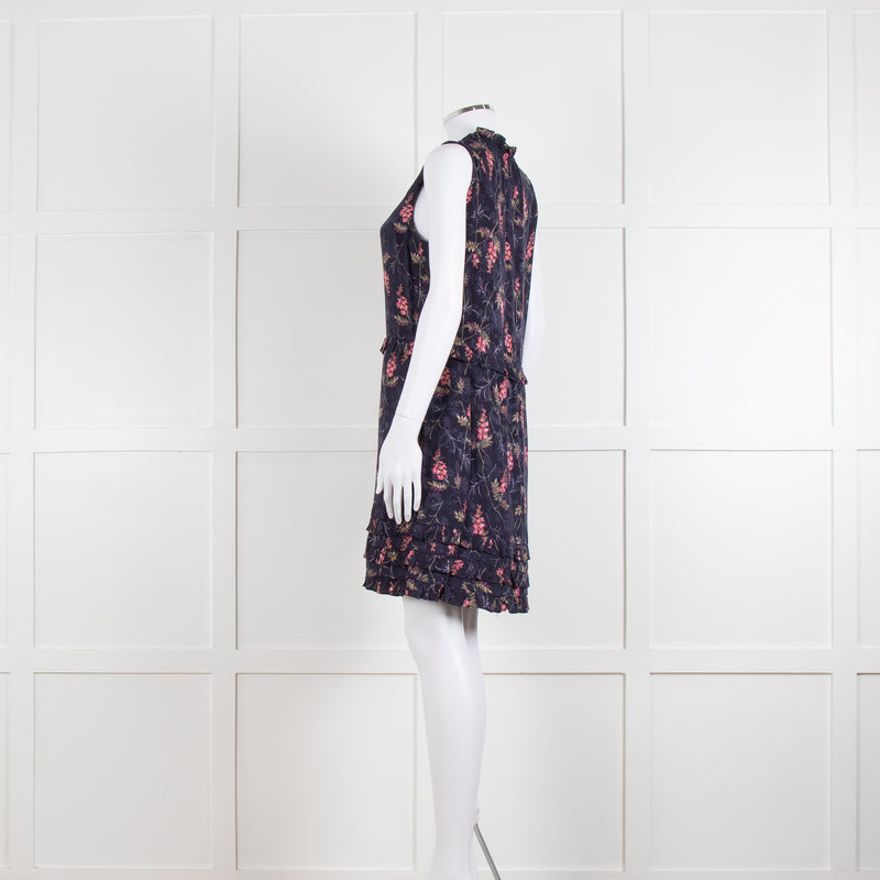 Rebecca Taylor Navy Pink Floral Frill Trim Sleeveless Mini Dress