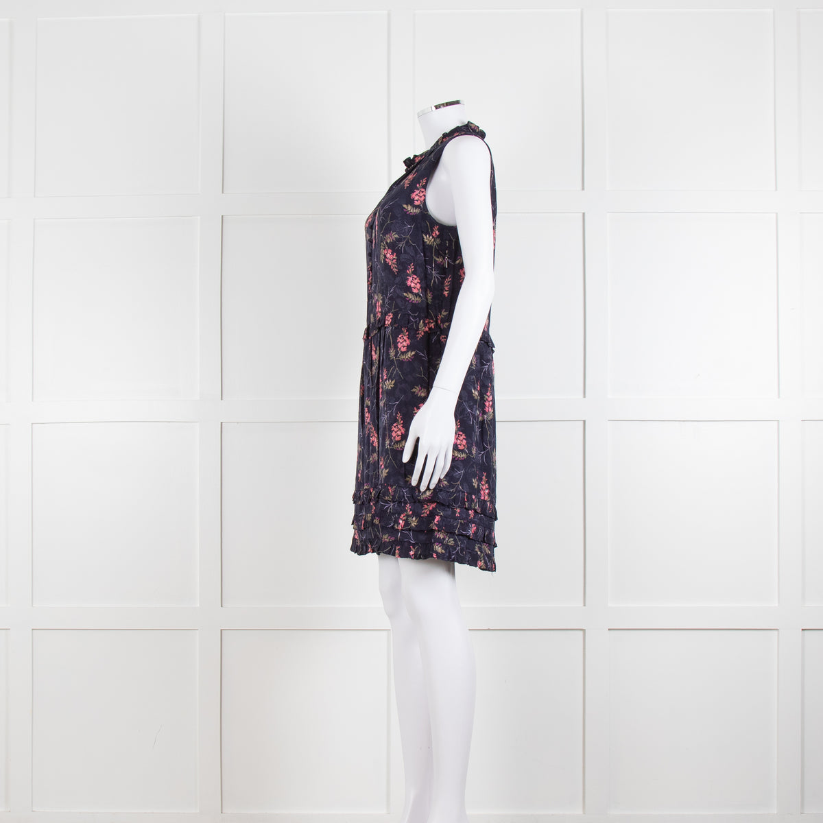 Rebecca Taylor Navy Pink Floral Frill Trim Sleeveless Mini Dress