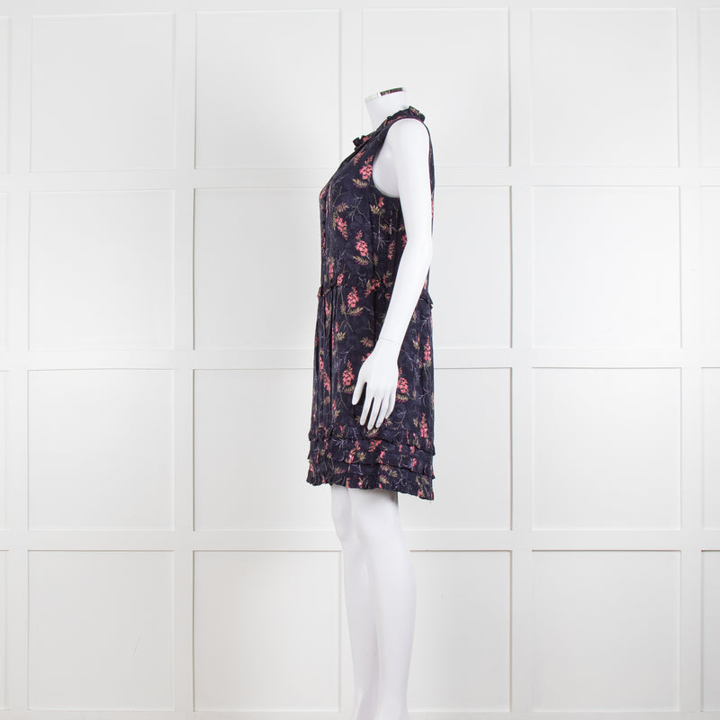Rebecca Taylor Navy Pink Floral Frill Trim Sleeveless Mini Dress