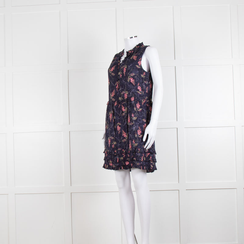 Rebecca Taylor Navy Pink Floral Frill Trim Sleeveless Mini Dress