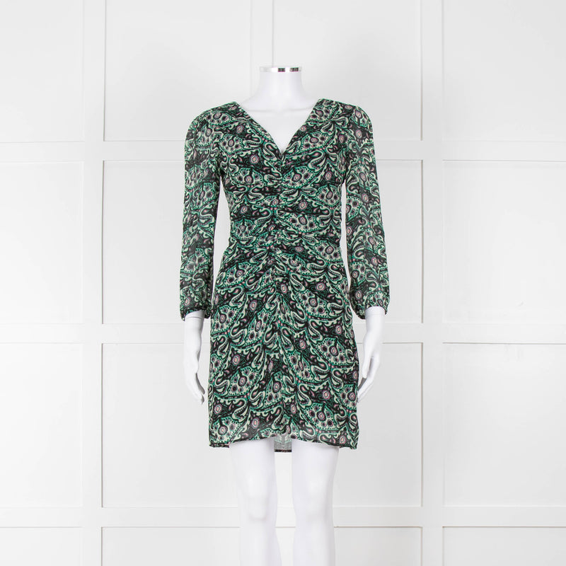 Ba&sh Cream Green Paisley Ruched Front Mini Dress