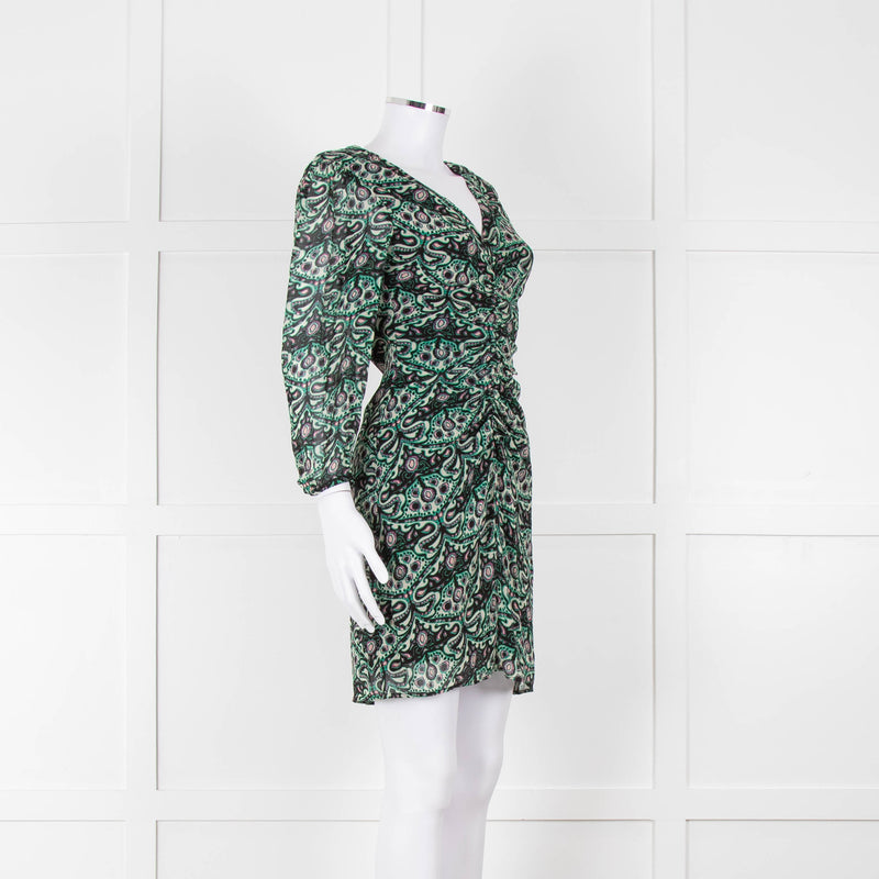 Ba&sh Cream Green Paisley Ruched Front Mini Dress