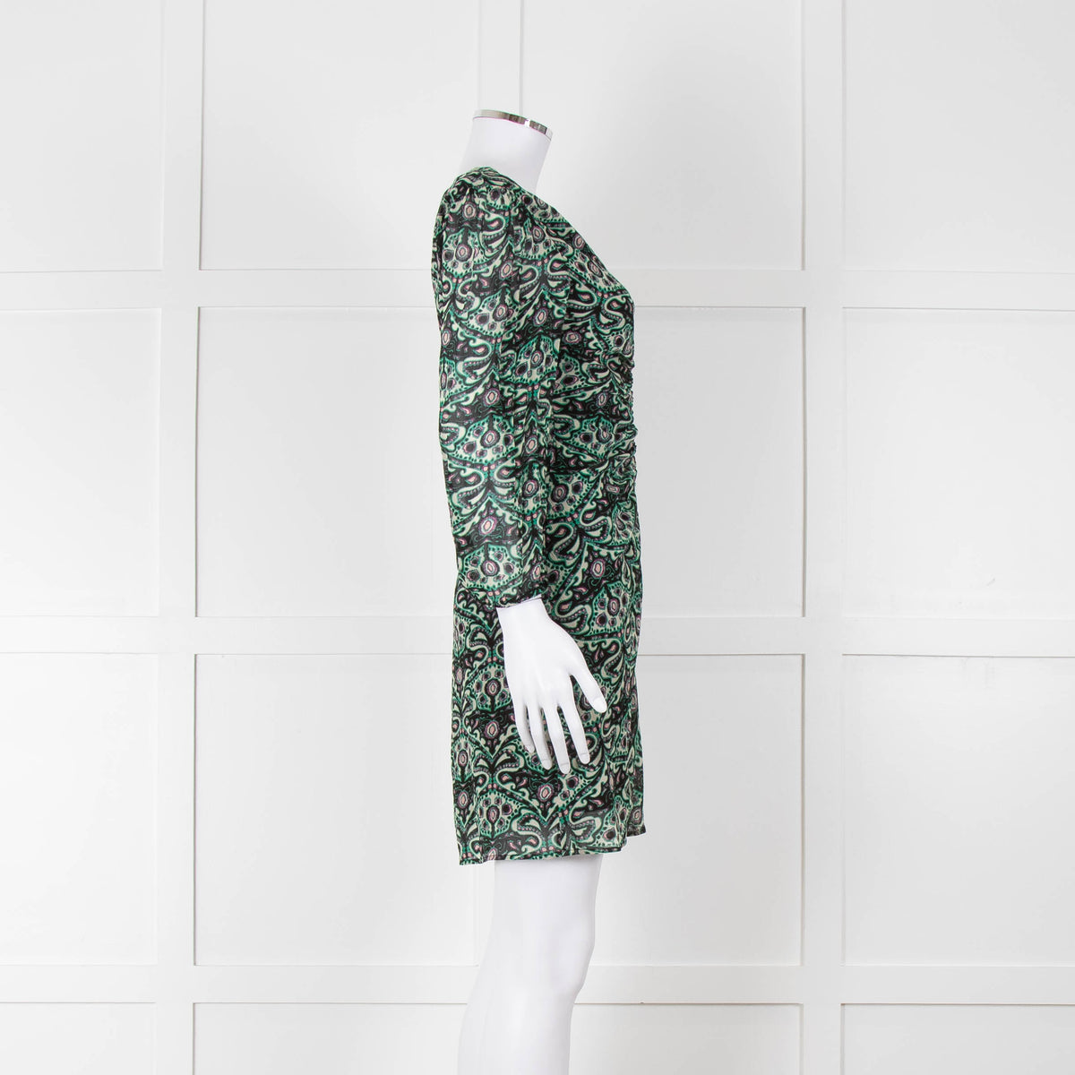 Ba&sh Cream Green Paisley Ruched Front Mini Dress