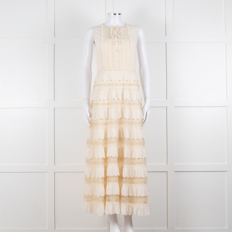 Red Valentino Cream Crepe And Lace Tiered Dress With Slip
