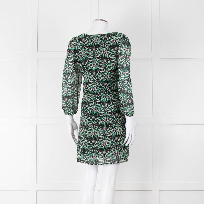 Ba&sh Cream Green Paisley Ruched Front Mini Dress