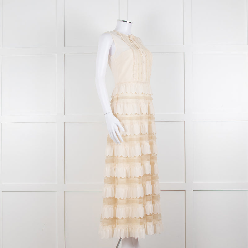 Red Valentino Cream Crepe And Lace Tiered Dress With Slip