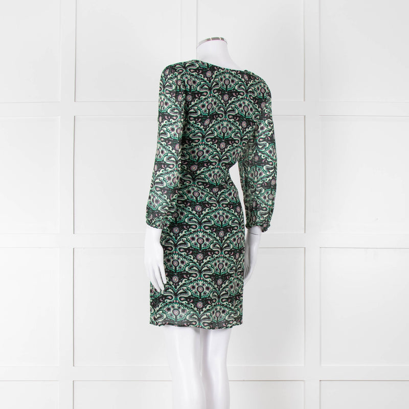 Ba&sh Cream Green Paisley Ruched Front Mini Dress