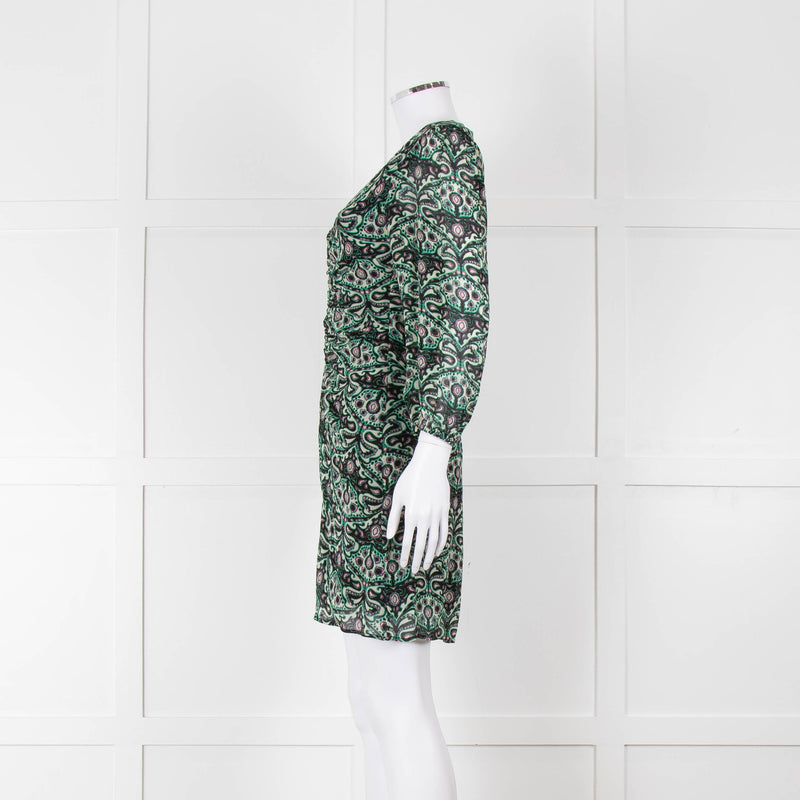 Ba&sh Cream Green Paisley Ruched Front Mini Dress
