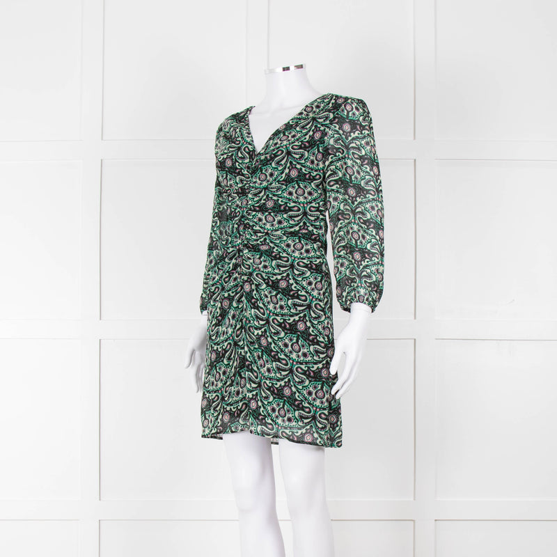 Ba&sh Cream Green Paisley Ruched Front Mini Dress