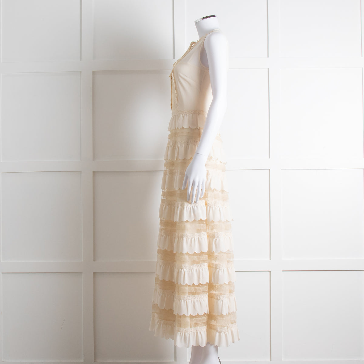 Red Valentino Cream Crepe And Lace Tiered Dress With Slip