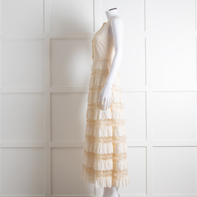 Red Valentino Cream Crepe And Lace Tiered Dress With Slip