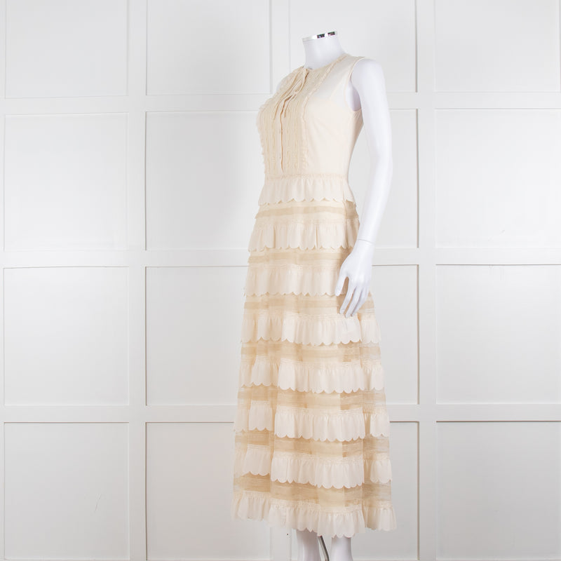 Red Valentino Cream Crepe And Lace Tiered Dress With Slip