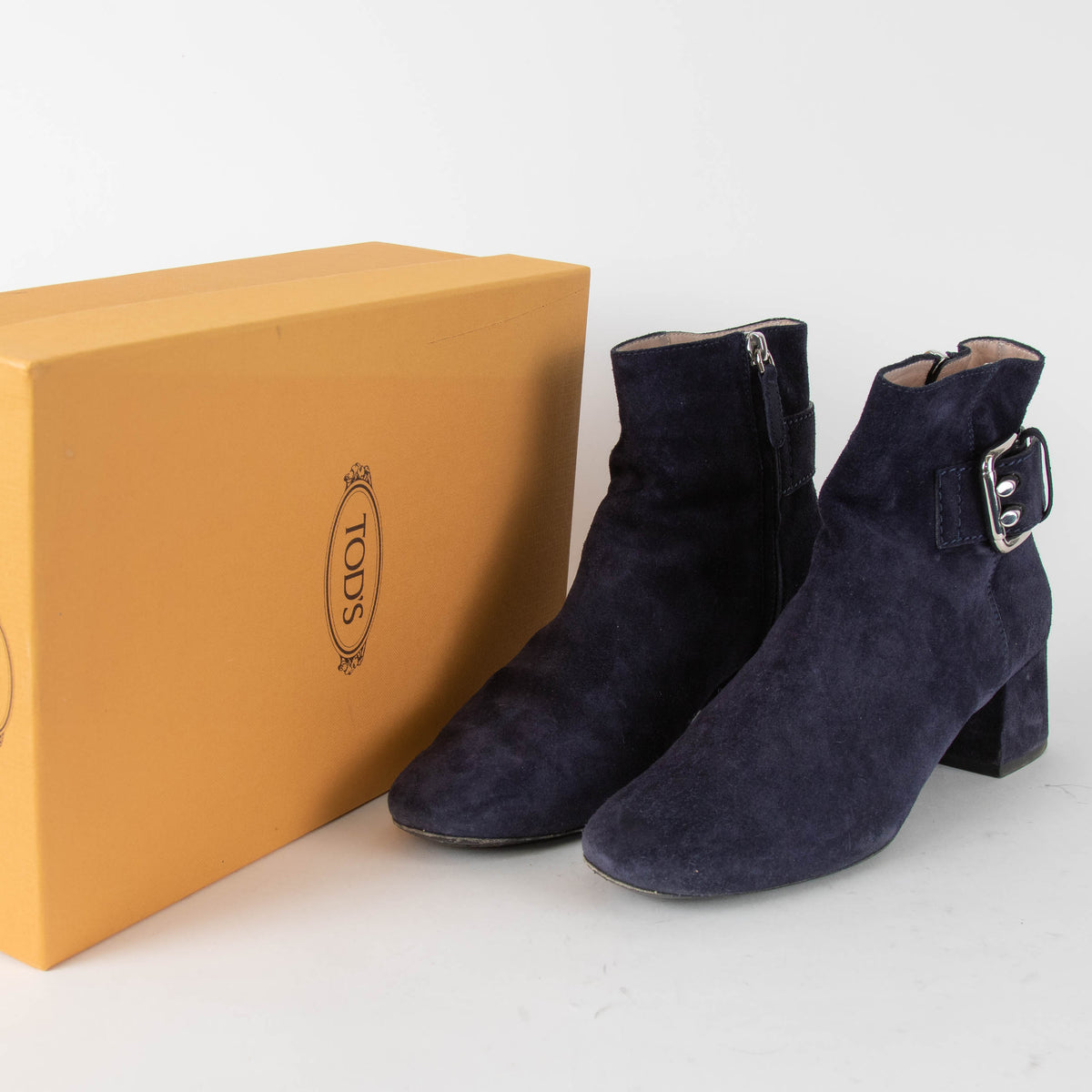 Tod's Navy Suede Ankle Boot With Buckle
