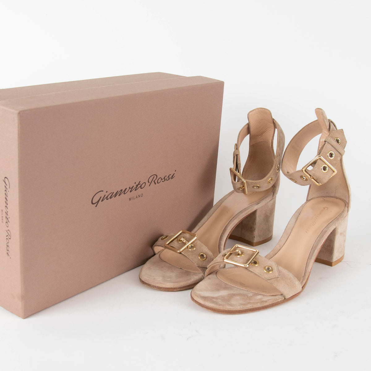 Gianvito Rossi Beige Suede Hayes Mid Heel Sandal