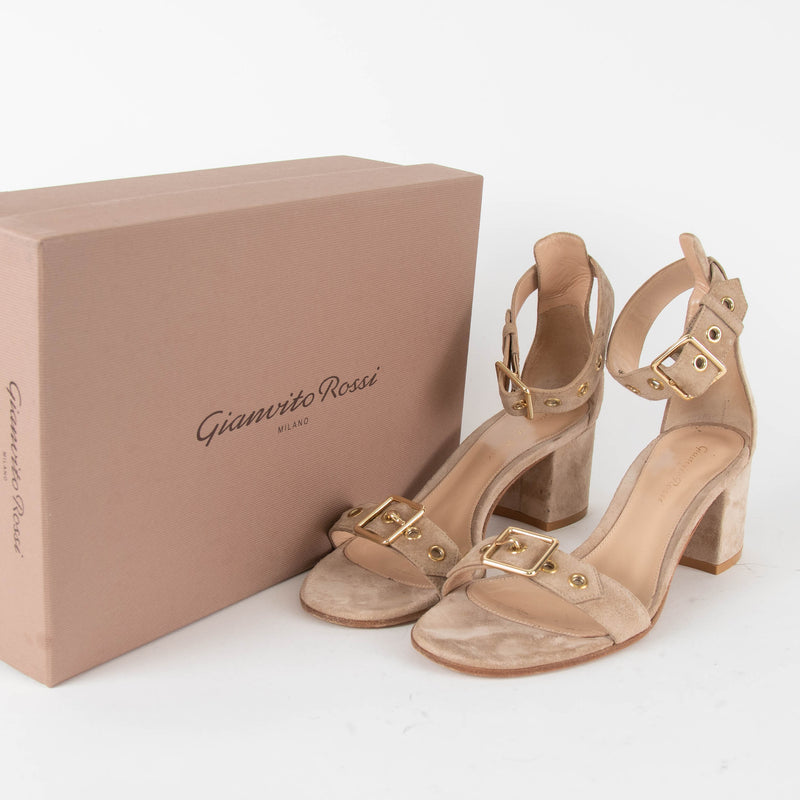 Gianvito Rossi Beige Suede Hayes Mid Heel Sandal