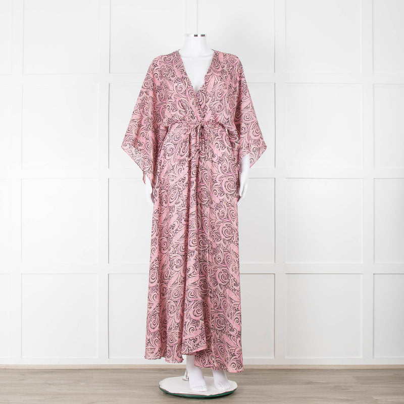Maje Pink Black Paisley Wide Sleeve Midi Belted Dress