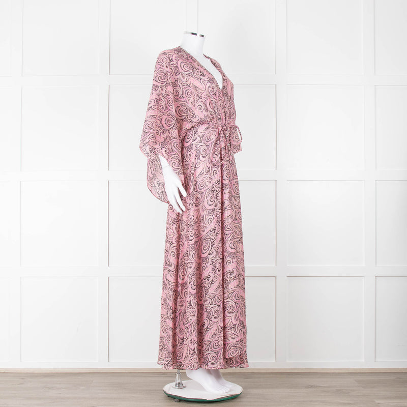 Maje Pink Black Paisley Wide Sleeve Midi Belted Dress