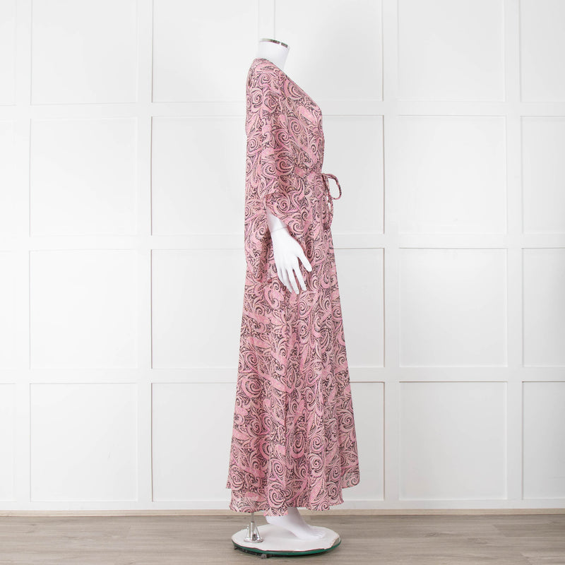 Maje Pink Black Paisley Wide Sleeve Midi Belted Dress