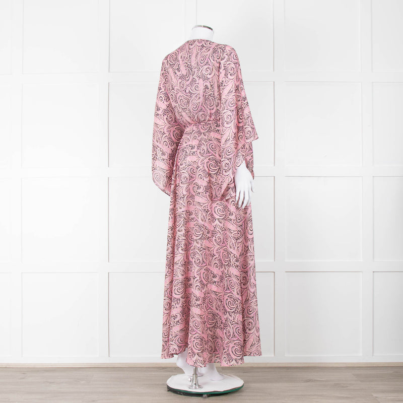 Maje Pink Black Paisley Wide Sleeve Midi Belted Dress