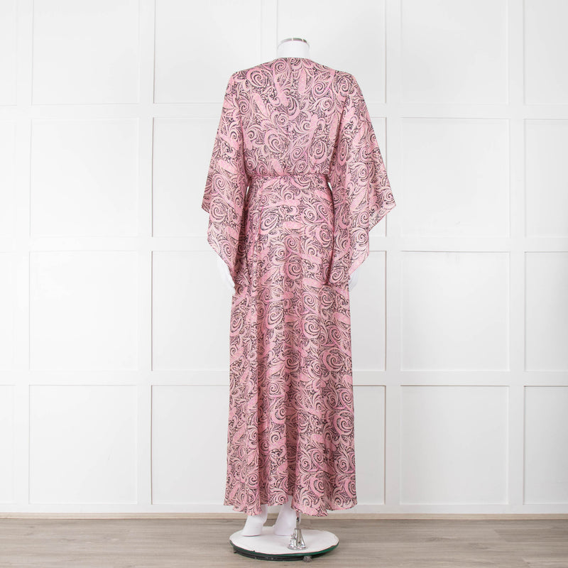 Maje Pink Black Paisley Wide Sleeve Midi Belted Dress
