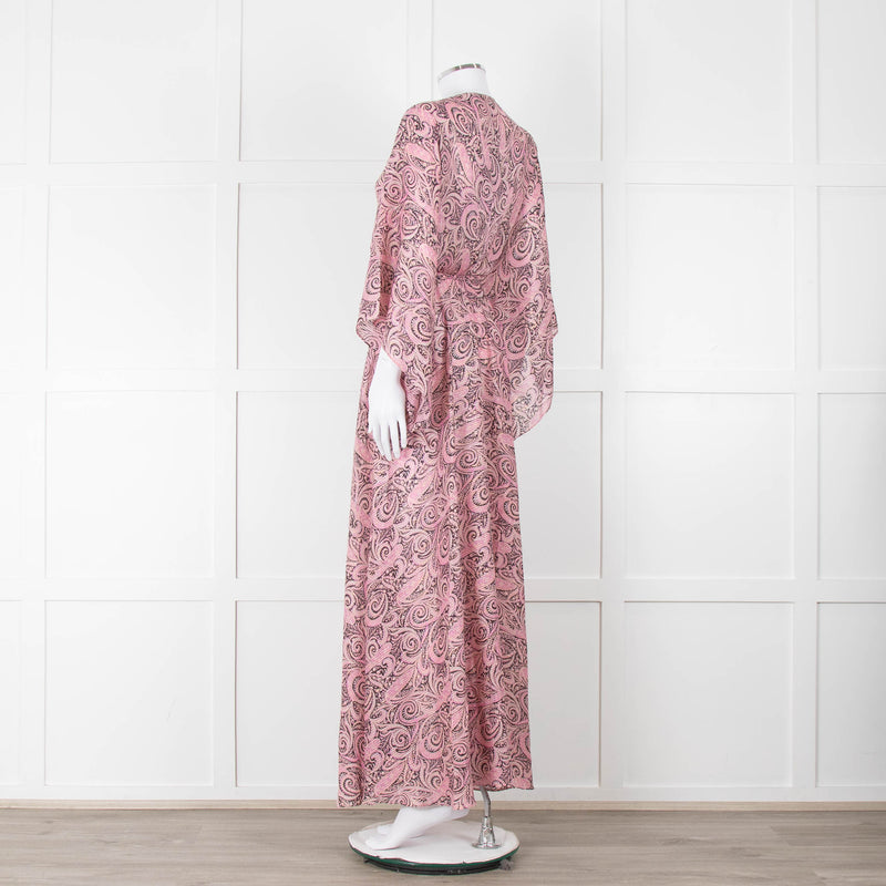 Maje Pink Black Paisley Wide Sleeve Midi Belted Dress