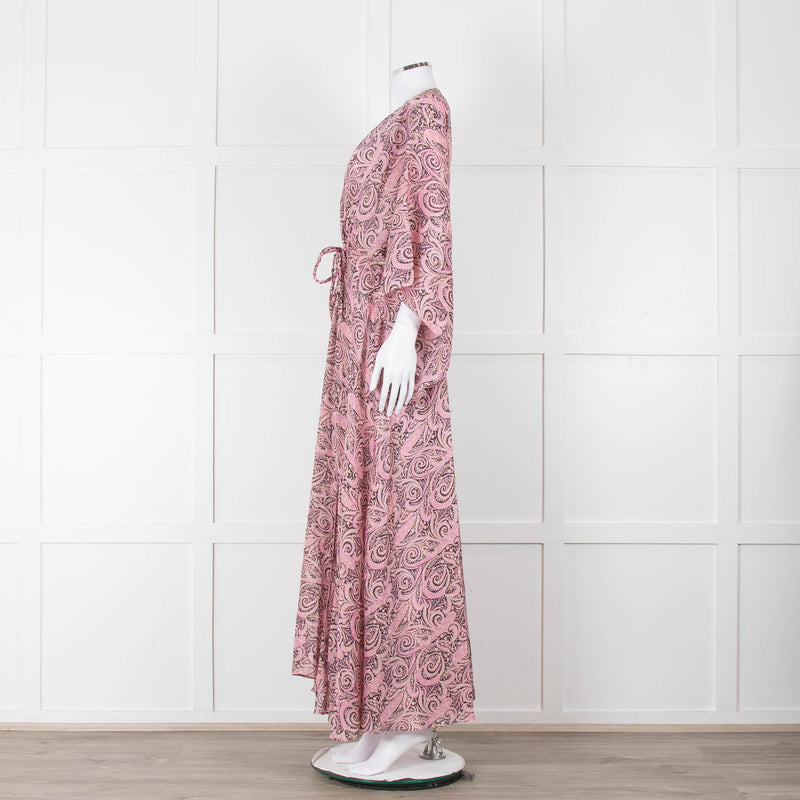 Maje Pink Black Paisley Wide Sleeve Midi Belted Dress