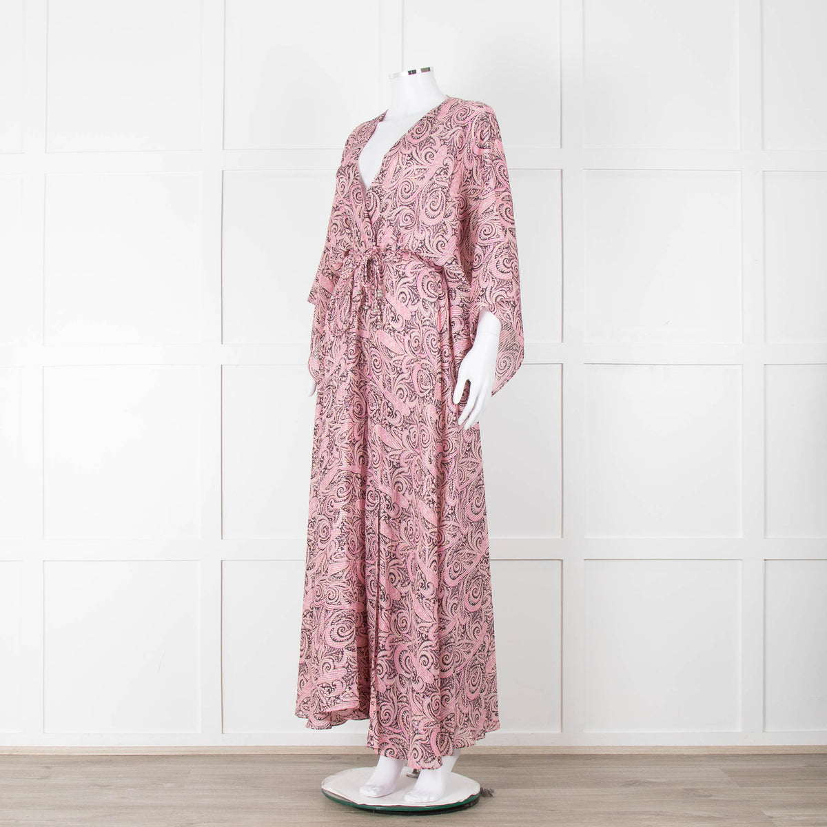Maje Pink Black Paisley Wide Sleeve Midi Belted Dress