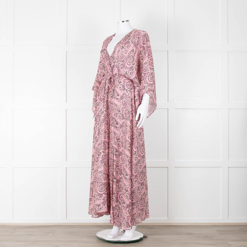 Maje Pink Black Paisley Wide Sleeve Midi Belted Dress