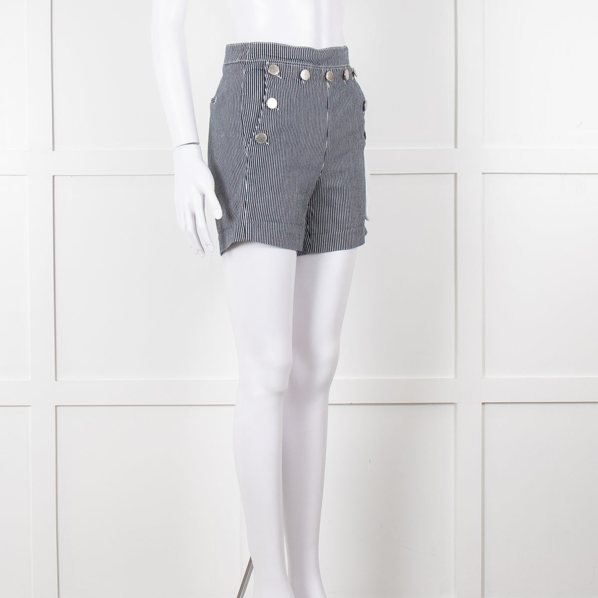 Maje Blue White Pin Stripes Silver Buttons Shorts