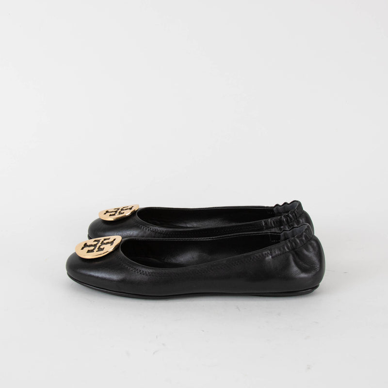 Tory Burch Black Gold Logo Minnie Flat Pumps