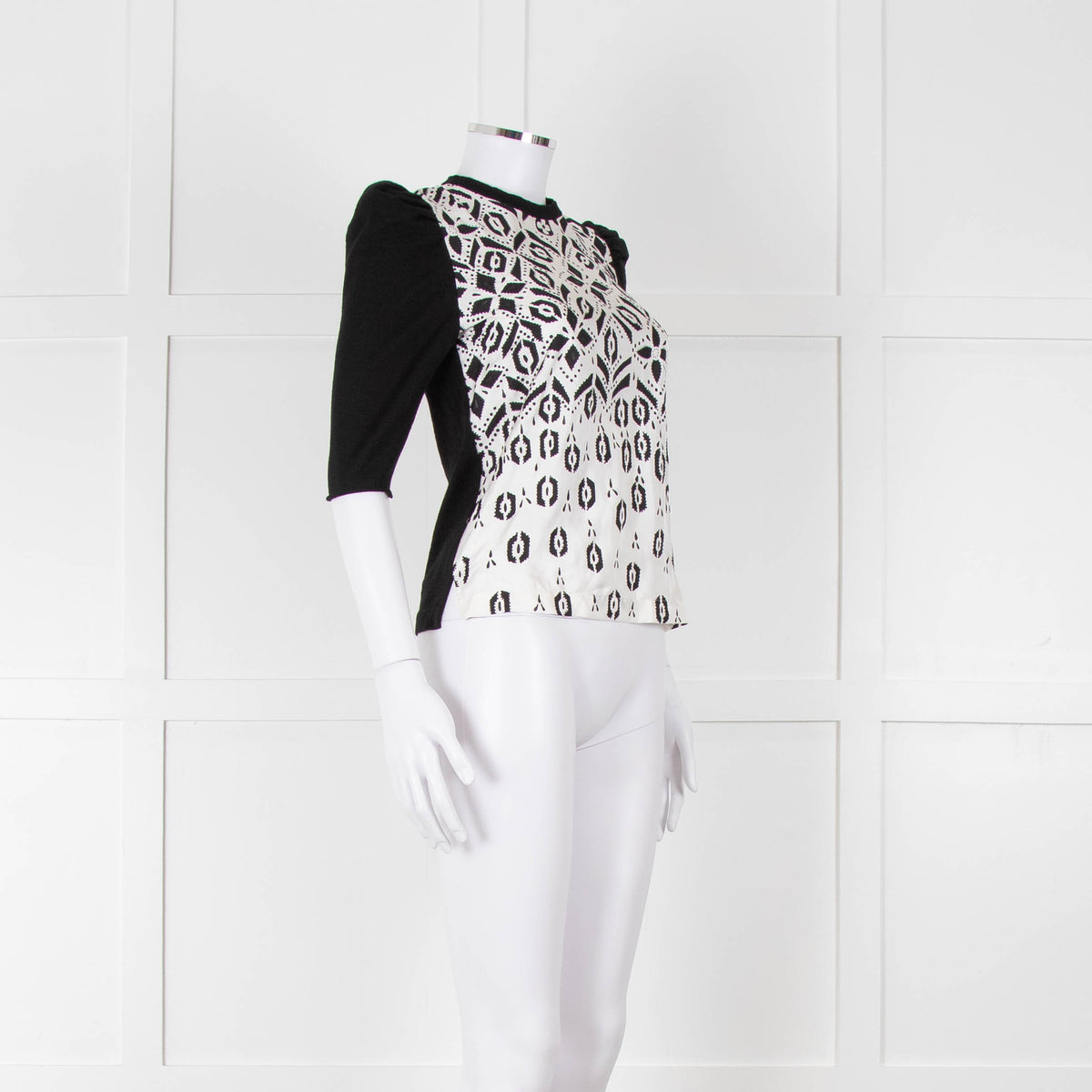 Louis Vuitton Black Knit White Printed Silk Front Top