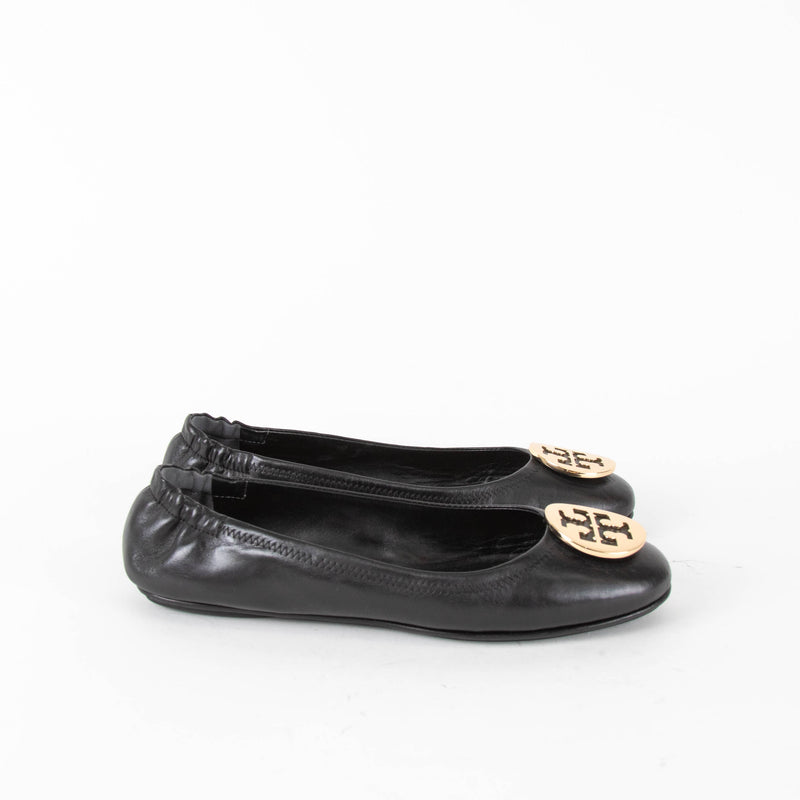 Tory Burch Black Gold Logo Minnie Flat Pumps