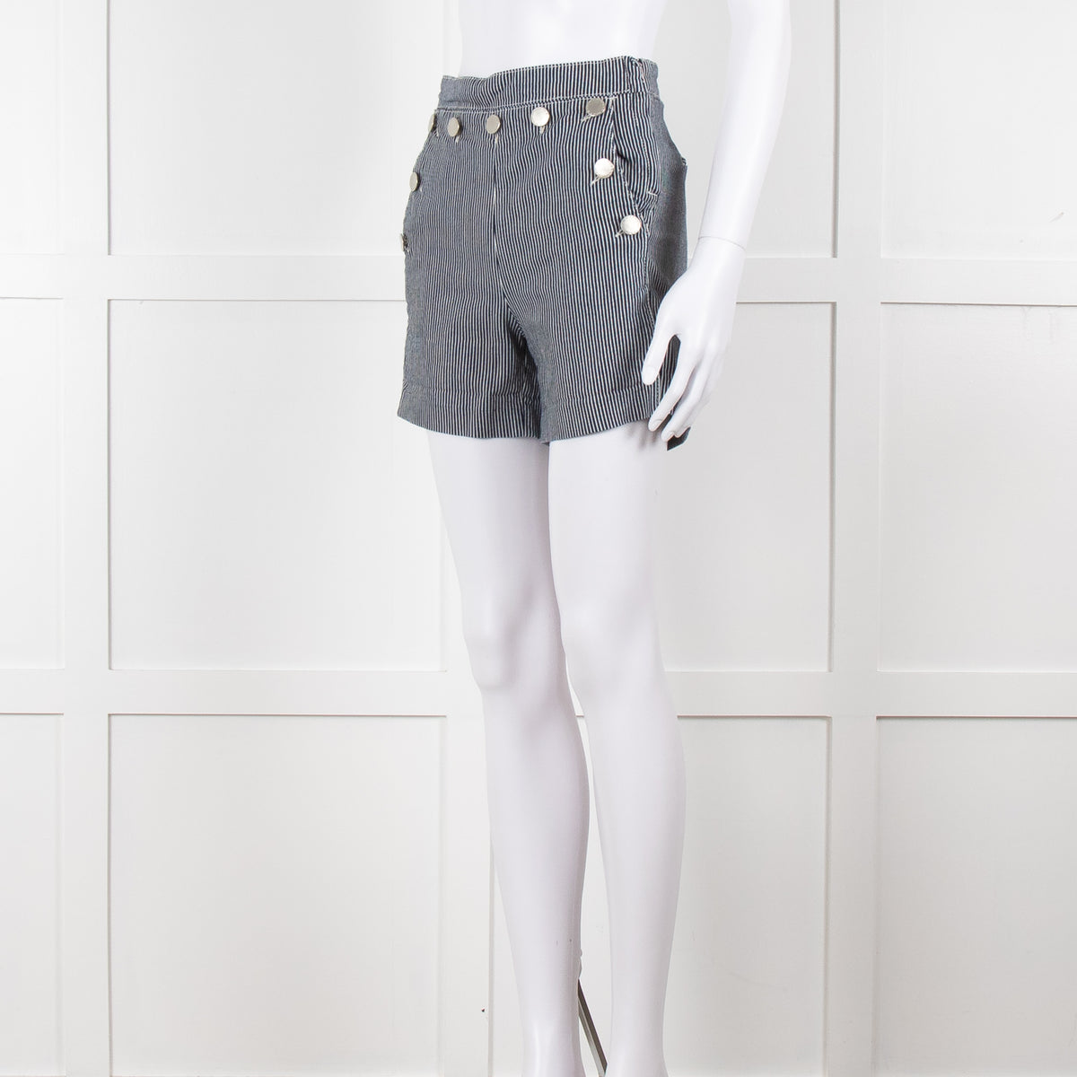 Maje Blue White Pin Stripes Silver Buttons Shorts