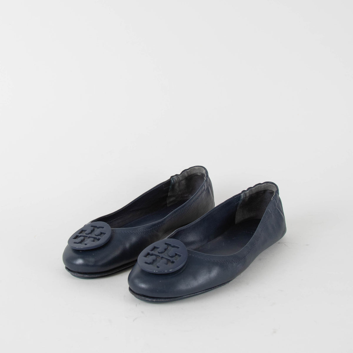 Tory Burch Navy Blue Leather Minnie Flat Pumps