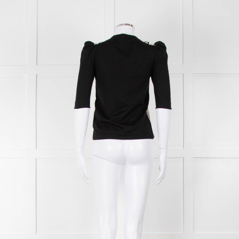 Louis Vuitton Black Knit White Printed Silk Front Top