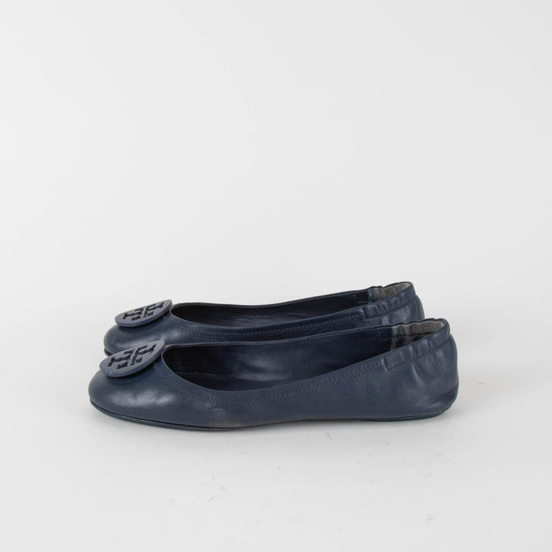 Tory Burch Navy Blue Leather Minnie Flat Pumps