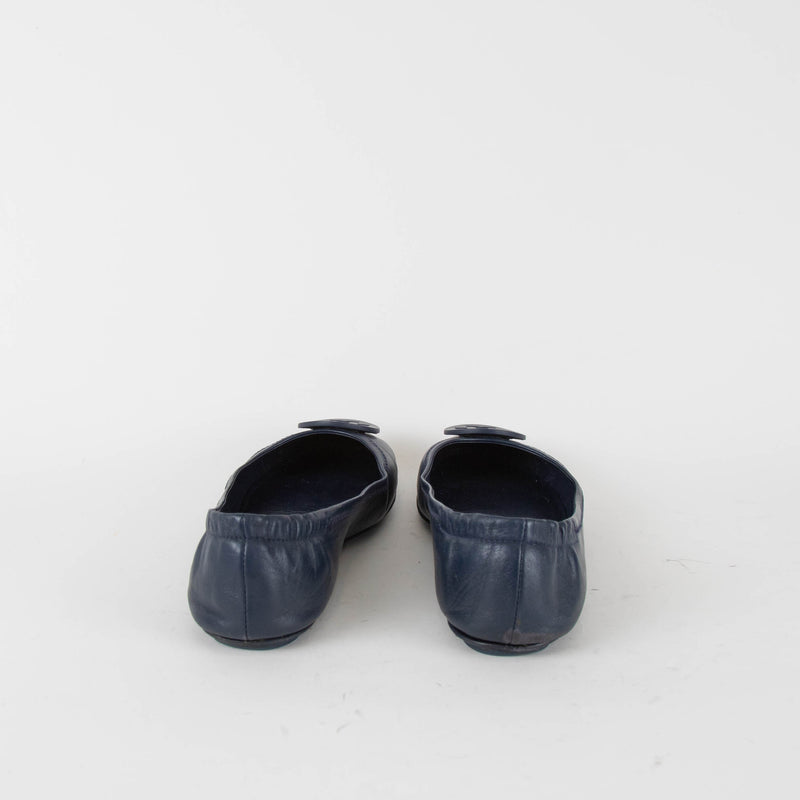 Tory Burch Navy Blue Leather Minnie Flat Pumps