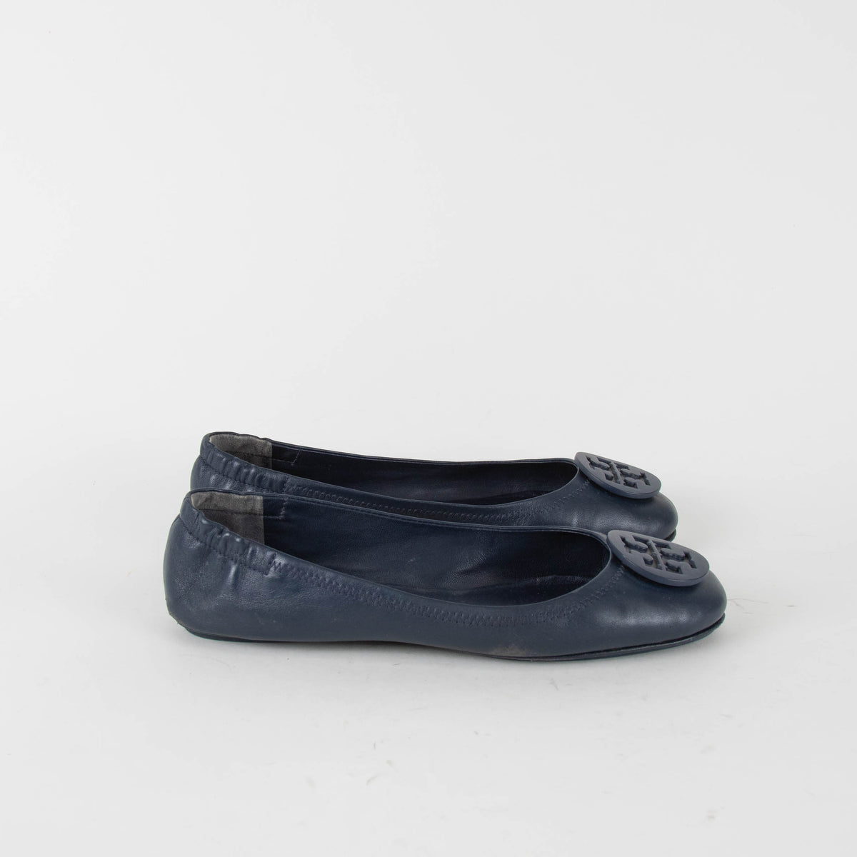Tory Burch Navy Blue Leather Minnie Flat Pumps