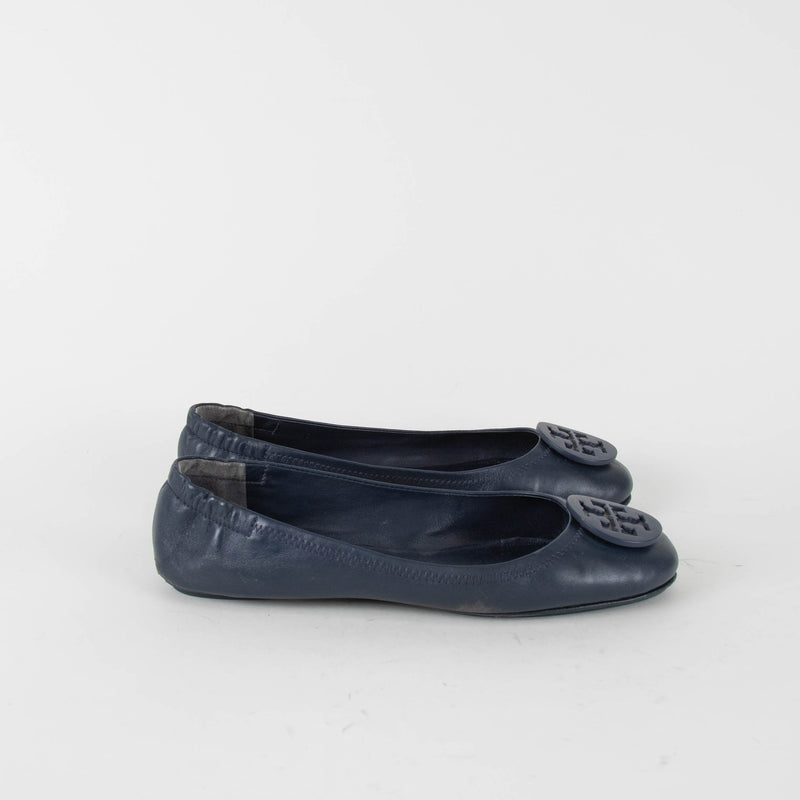 Tory Burch Navy Blue Leather Minnie Flat Pumps